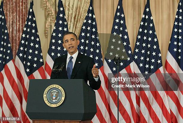 President Barack Obama speaks at the State Department on May 19, 2011 in Washington, DC. President Obama spoke about U.S. Policy regarding the Middle...