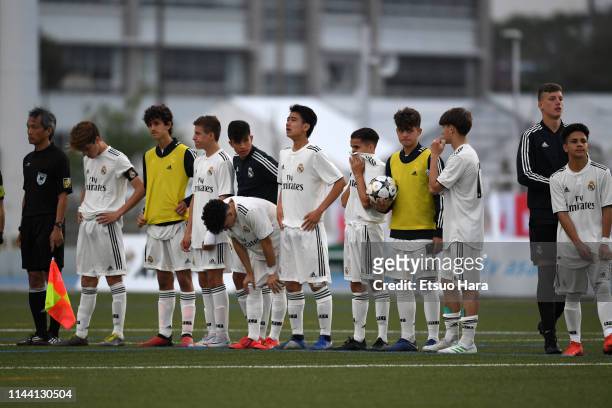 Players of Real Madrid show dejection after the U16 Kirin Lemon Cup final between Real Madrid and FC Tokyo at Yanagishima Sports Park on April 21,...