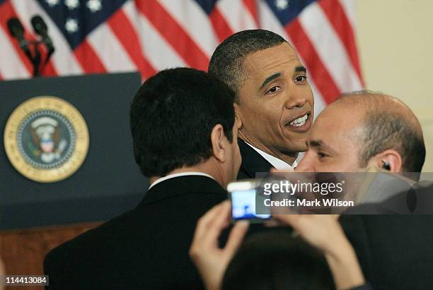 President Barack Obama greets guests after speaking at the State Department on May 19, 2011 in Washington, DC. President Obama spoke about U.S....