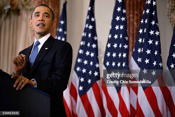 President Barack Obama delivers a speech on Mideast and North Africa policy in the Ben Franklin Room at the State Department May 19, 2011 in...