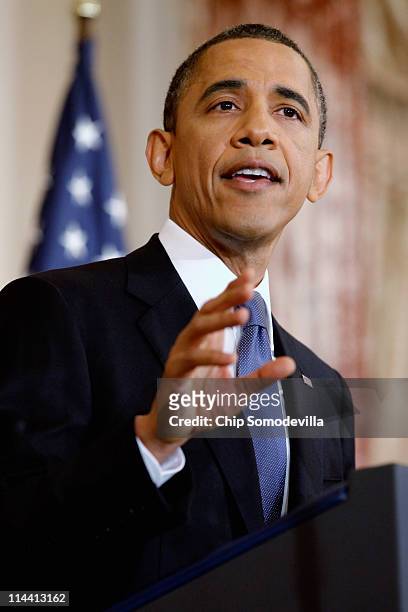 President Barack Obama delivers a speech on Mideast and North Africa policy in the Ben Franklin Room at the State Department May 19, 2011 in...