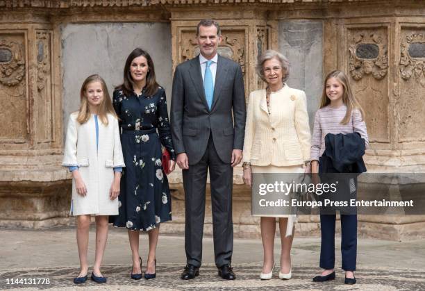 Princess Sofia of Spain, Princess Leonor of Spain, King Letizia of Spain and King Felipe VI of Spain attend the Easter mass on April 21, 2019 in...