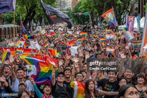 People celebrate after Taiwan's parliament voted to legalise same-sex marriage on May 17, 2019 in Taipei, Taiwan. Taiwan became the first country in...