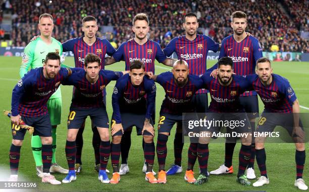 Barcelona's goalkeeper Marc-Andre ter Stegen, Clement Lenglet, Ivan Rakitic, Sergio Busquets, Gerard Pique, Lionel Messi, Carnicer Sergi Roberto,...