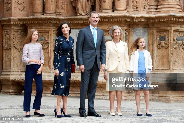 Princess Sofia of Spain, Queen Letizia of Spain, King Felipe VI of Spain, Queen Sofia and Princess Leonor of Spain attend the Easter Mass at the...