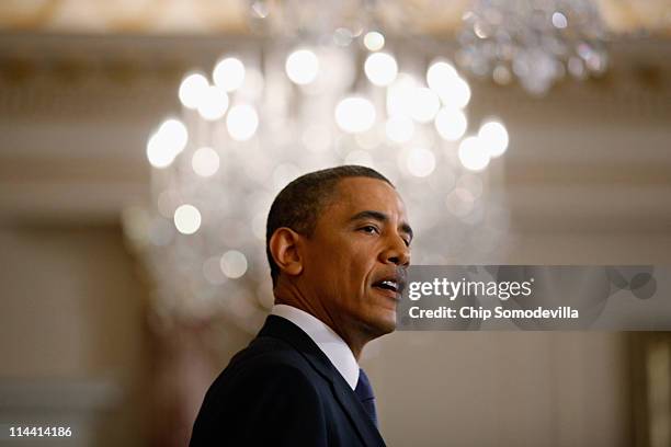 President Barack Obama delivers a speech on Mideast and North Africa policy in the Ben Franklin Room at the State Department May 19, 2011 in...