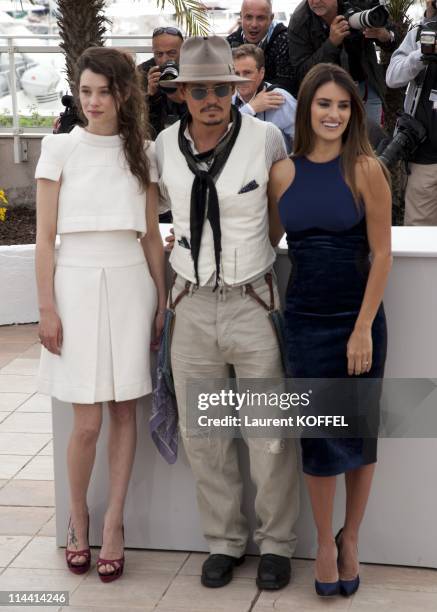 Actors Astrid Berges-Frisbey, Johnny Depp and Penelope Cruz attend the "Pirates of the Caribbean: On Stranger Tides" Photocall during the 64th Annual...