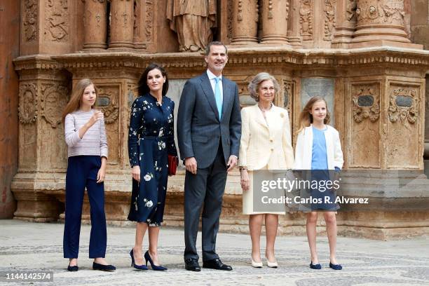 Princess Sofia of Spain, Queen Letizia of Spain, King Felipe VI of Spain, Queen Sofia and Princess Leonor of Spain attend the Easter Mass at the...