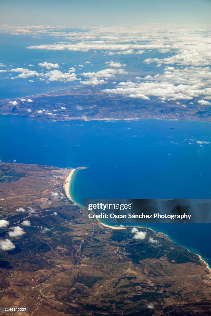 Strait of Gibraltar, aerial view of the separation between the continents of Europe and Africa and the union of the Mediterranean Sea and the Atlantic Ocean.