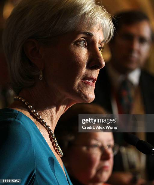 Secretary of Health and Human Services Kathleen Sebelius speaks as U.S. Sen. Barbara Mikulski listen during a news conference May 19, 2011 on Capitol...