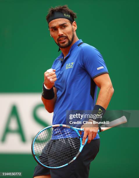 Fabio Fognini of Italy celebrates a point against Dusan Lajovic of Serbia in the men's singles final during day eight of the Rolex Monte-Carlo...