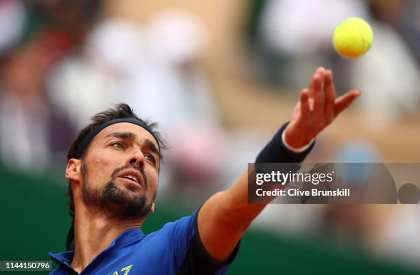 Fabio Fognini of Italy serves against Dusan Lajovic of Serbia in the men's singles final during day eight of the Rolex Monte-Carlo Masters at...