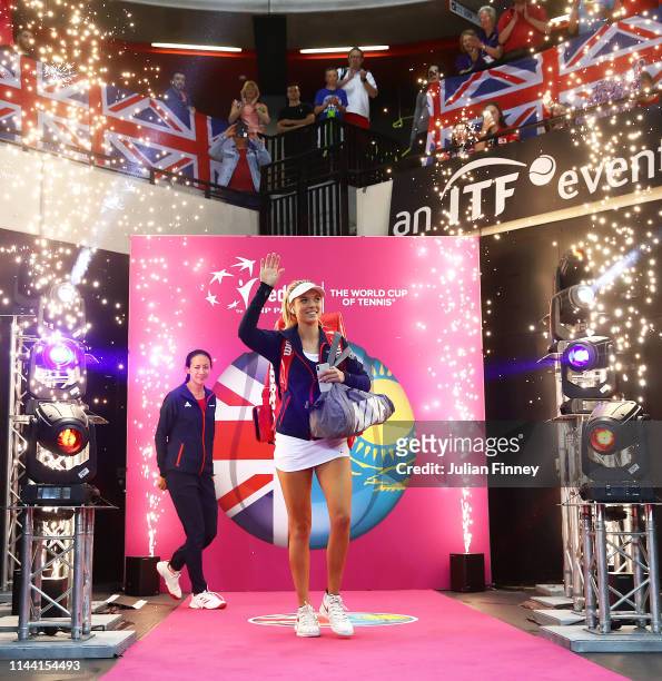Katie Boulter of Great Britain enters the court before her match with Zarina Diyas of Kazakhstan during the Fed Cup World Group II Play-Off match...