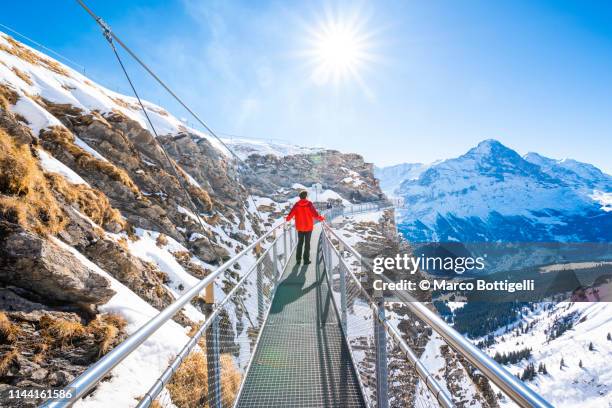 tourist standing on a suspended walkway in the swiss alps, grindelwald, switzerland - passerelle pont photos et images de collection