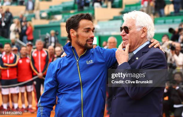 Fabio Fognini of Italy with the last Italian winner of the tournament in 1968 Nicola Pietrangeli after his straight sets victory against Dusan...