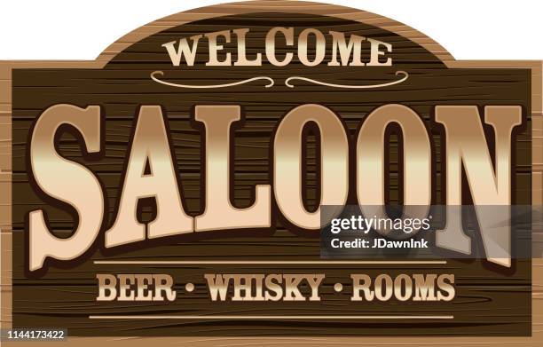 ilustraciones, imágenes clip art, dibujos animados e iconos de stock de letrero de bienvenida de madera para un wild west saloon - welcome sign