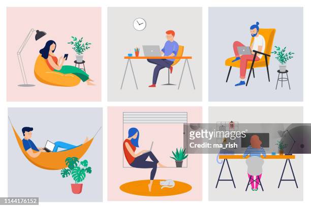 Working at home, coworking space, concept illustration. Young people, man and woman freelancers working at home. Vector flat style illustration