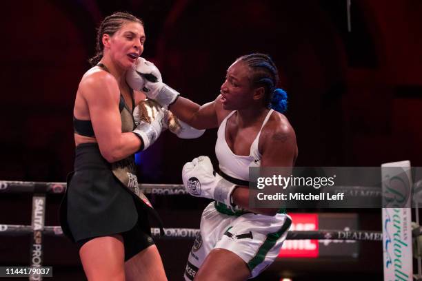 Claressa Shields and Christina Hammer exchange punches at Atlantic City Boardwalk Hall on April 13, 2019 in Atlantic City, New Jersey.