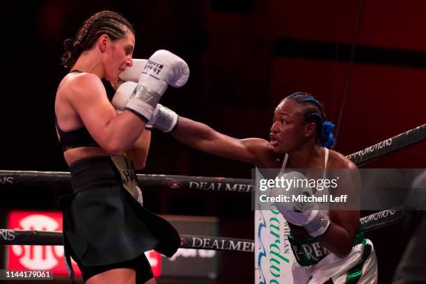 Claressa Shields and Christina Hammer exchange punches at Atlantic City Boardwalk Hall on April 13, 2019 in Atlantic City, New Jersey.