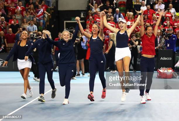 Team GB Katie Boulter, Katie Swan, Johanna Konta, Harriet Dart, Heather Watson and captain Anne Keothavong of Great Britain after defeating...