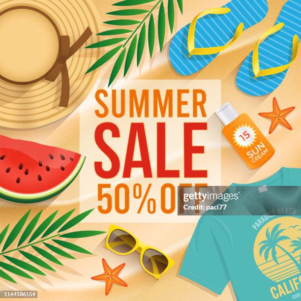 summer sale text n the sand with beach summer accessories - summer of 77 stock illustrations