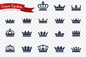 Crown symbols. King queen crowns monarch imperial coronation princess tiara crest luxury royal jewel winner award flat, vector icons