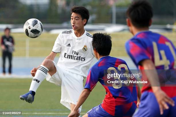 Takuhiro Nakai of Real Madrid in action during the U16 Kirin Lemon Cup final between Real Madrid and FC Tokyo at Yanagishima Sports Park on April 21,...