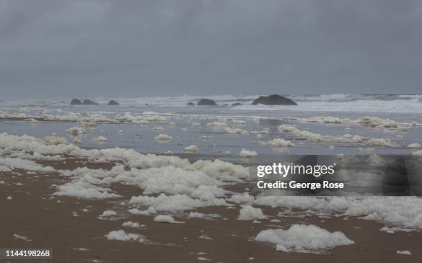 Heavy surf whips up a flurry of beach sea foam at this coastal community on April 7 in Lincoln City, Oregon. Oregon's diverse Wine Country and...