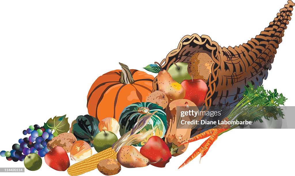Fall Harvest Wicker Cornucopia Filled With Fruits and Vegetables
