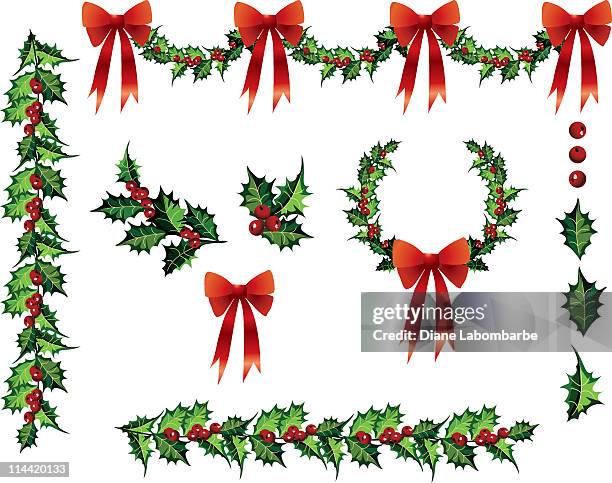 ilustrações de stock, clip art, desenhos animados e ícones de vários holly elementos de design clipart com laço vermelho ilustrações vetoriais - grinalda
