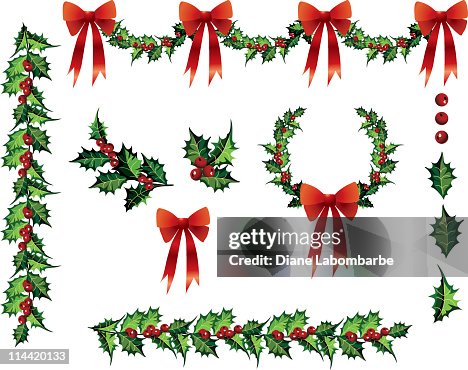 Multiple Holly Design Elements Clipart with Red Bows Vector Illustrations Multiple Holly Design Elements Clipart with Red Bows Vector Illustrations