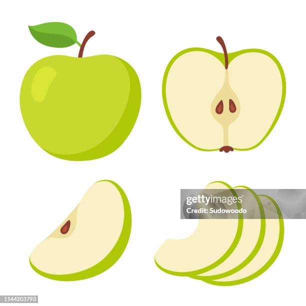 green apple cartoon set - cutting food stock illustrations