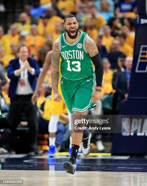 Marcus Morris of the Boston Celtics celebrates against the Indiana Pacers in game four of the first round of the 2019 NBA Playoffs at Bankers Life...