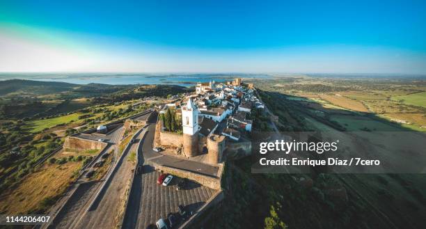 aerial view of monsaraz bell tower and old town - alentejo stockfoto's en -beelden