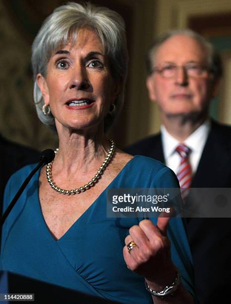 Secretary of Health and Human Services Kathleen Sebelius speaks as Sen. John Rockefeller listens during a news conference May 19, 2011 on Capitol...