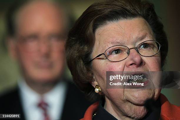 Sen. Barbara Mikulski speaks as Sen. John Rockefeller listens during a news conference May 19, 2011 on Capitol Hill in Washington, DC. The Democrats...