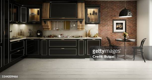 luxe binnenlandse keuken interieur - table brick wall wood stockfoto's en -beelden
