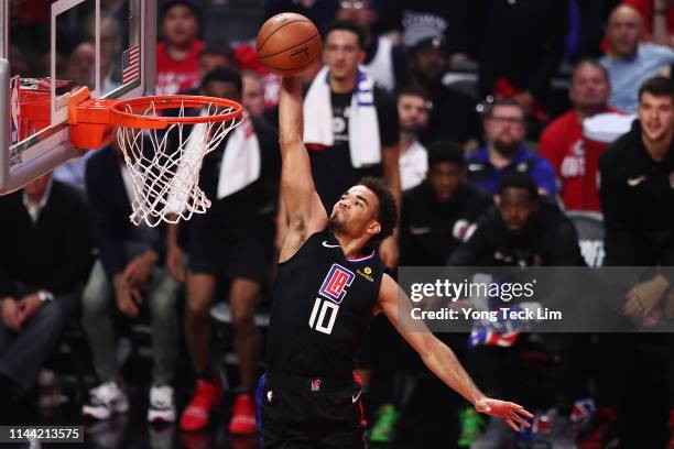 Jerome Robinson of the Los Angeles Clippers dunks the ball against the Golden State Warriors during the second quarter of Game Four of Round One of...