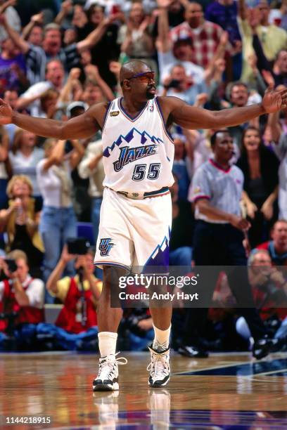 Antoine Carr of the Utah Jazz reacts to a play against the Chicago Bulls during Game Six of the 1998 NBA Finals on June 14, 1998 at the Delta Center...