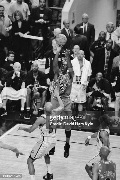 Michael Jordan of the Chicago Bulls shoots the ball during Game Five of the 1999 NBA Eastern Conference Semifinals against the Indiana Pacers on...