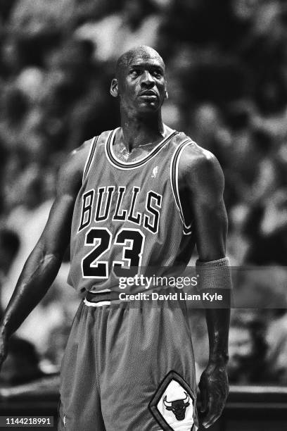 Michael Jordan of the Chicago Bulls looks on during Game Five of the 1999 NBA Eastern Conference Semifinals against the Indiana Pacers on April 24,...