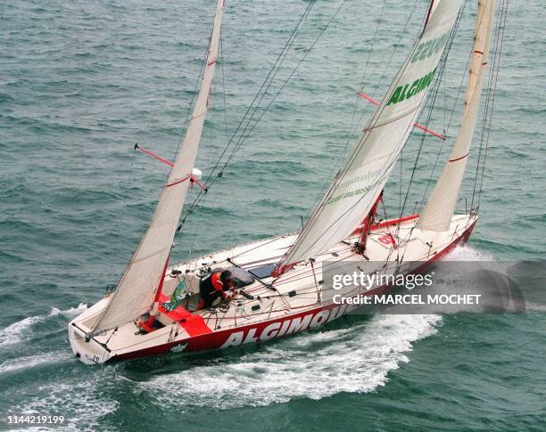 Photo prise le 08 novembre 1998 du navigateur Jean-Luc Van den Heede à la barre de son monocoque 60 pieds "Algimouss", lors du départ de la "Route du...