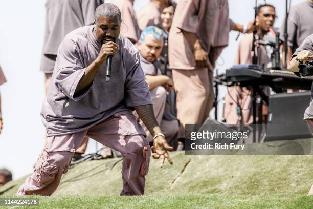 Kanye West performs Sunday Service during the 2019 Coachella Valley Music And Arts Festival on April 21, 2019 in Indio, California.