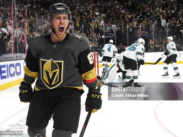 Jonathan Marchessault of the Vegas Golden Knights reacts after scoring a second-period goal against the San Jose Sharks in Game Six of the Western...