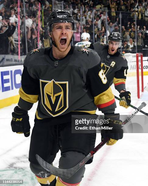 Jonathan Marchessault and Reilly Smith of the Vegas Golden Knights react after Marchessault scored a second-period goal against the San Jose Sharks...