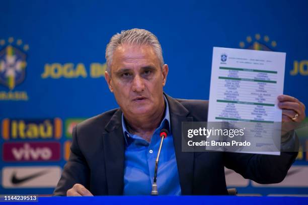 Brazilian national team coach Tite speaks during the announcement of the team's squad for 2019 CONMEBOL Copa América on May 17, 2019 at the...