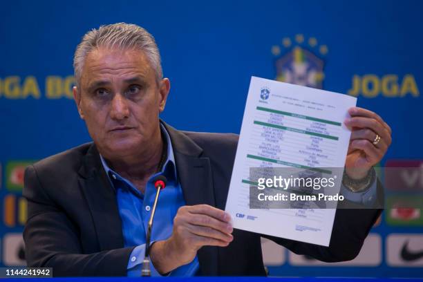Brazilian national team coach Tite speaks during the announcement of the team's squad for 2019 CONMEBOL Copa América on May 17, 2019 at the...