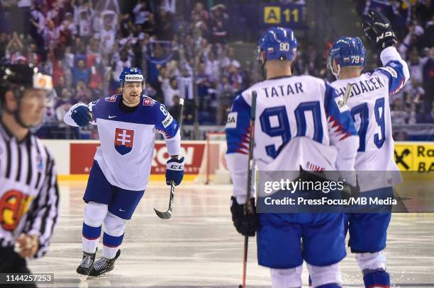Erik Cernak of Slovakia celebrates scoring a goal during the 2019 IIHF Ice Hockey World Championship Slovakia group A game between France and...