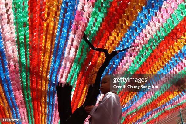 South Korean child monk attends the 'Children Becoming Buddhist Monks' ceremony forthcoming buddha's birthday at a Jogye temple on April 22, 2019 in...