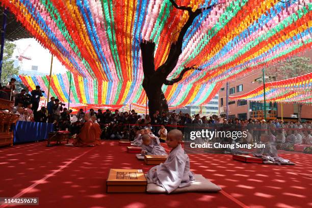 South Korean child monks attend the 'Children Becoming Buddhist Monks' ceremony forthcoming buddha's birthday at a Jogye temple on April 22, 2019 in...